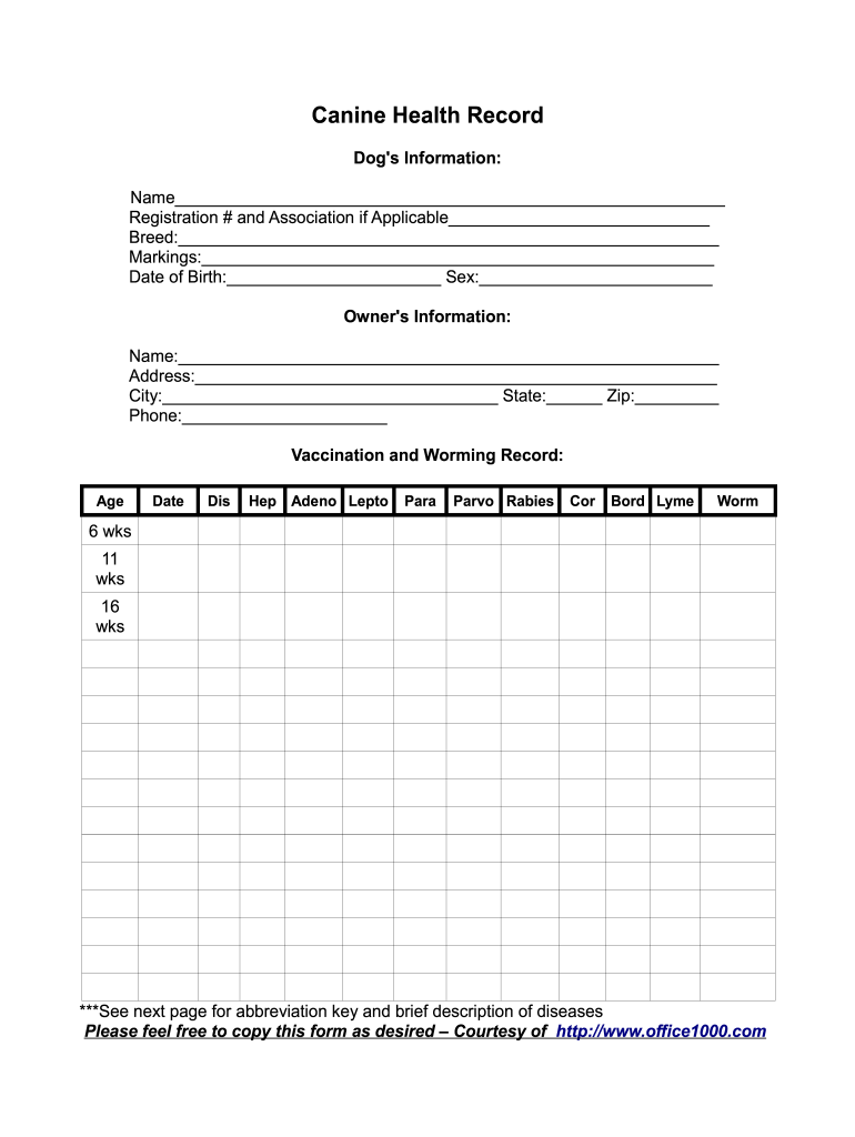 Canine Health Record Two Colors Kennel Form Fill Out And Sign  - Free Printable Cat Vaccination Feline Vaccination Record Template