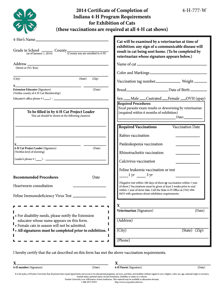 Cat Vaccination Form Indiana 4 H Purdue University Four H Purdue Fill  - Cat Vaccination Printable