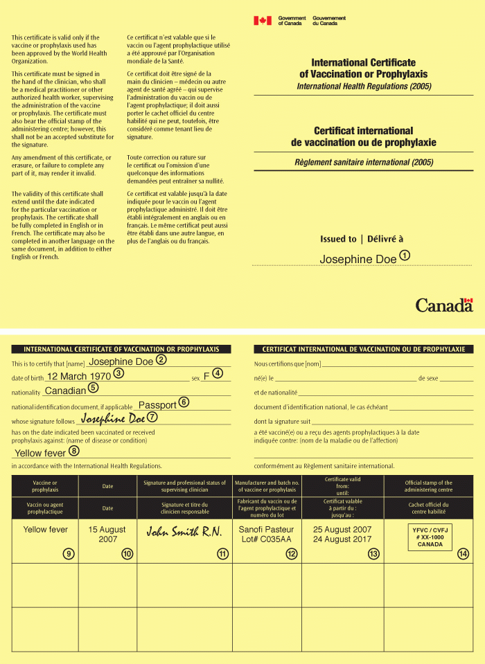 CATMAT Statement For Yellow Fever Vaccine Canada ca - Printable International Certificate Of Vaccination