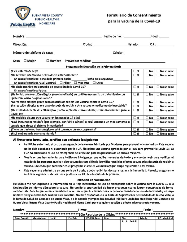 COVID 19 Vaccine Consent Form spanish moderna docx Buena Vista County - Walgreens Printable Vaccine Consent Form