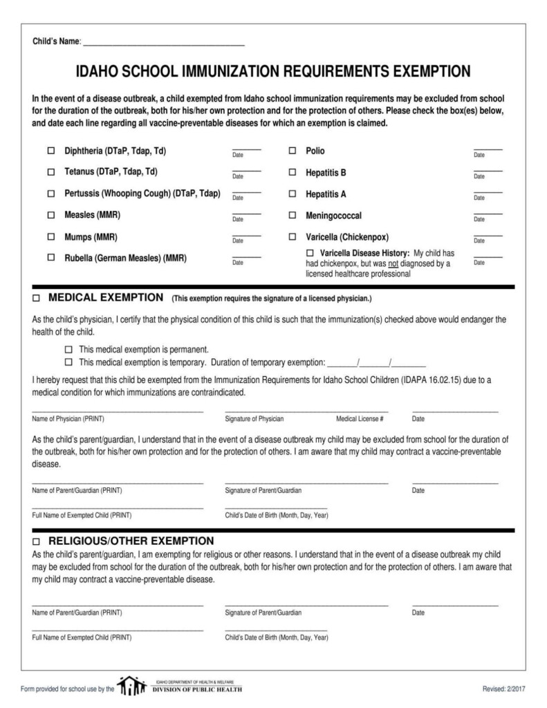 Immunization Exemption Form Idahopress - Printable Vaccine Exemption Form