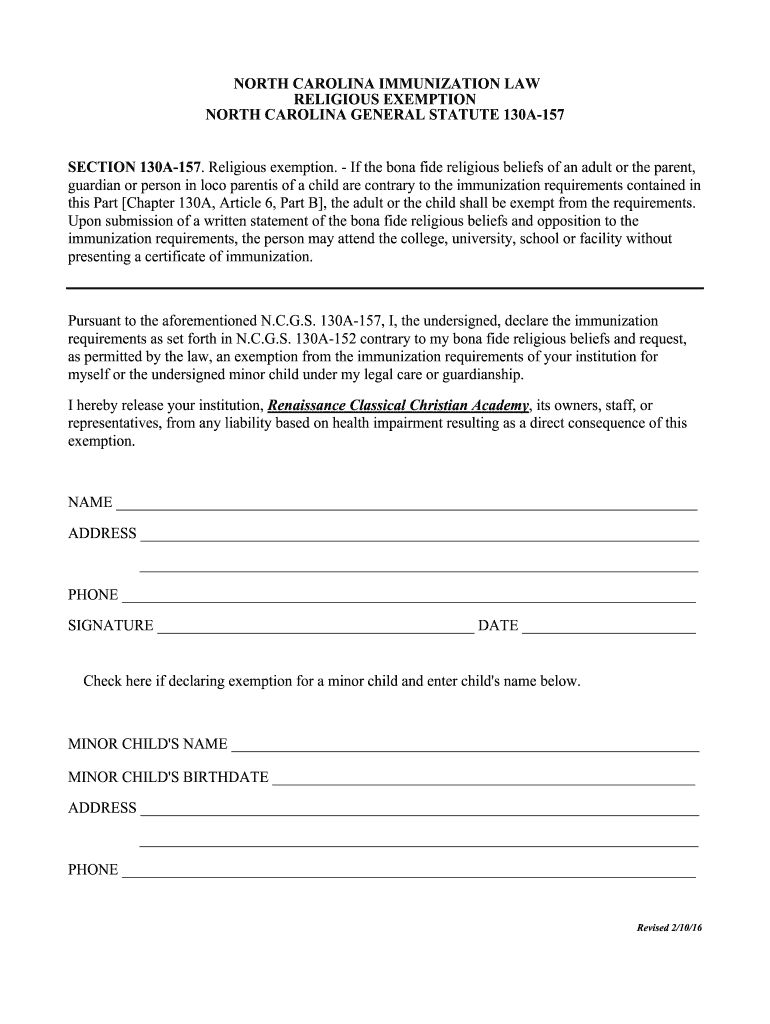 North Carolina Religious Exemption Vaccination Letter Example  - Printable Religious Vaccine Exemption Form