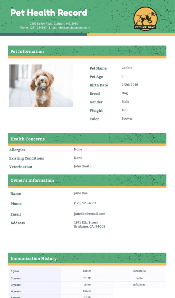 Pet Health Record Template PDF Templates Jotform - Free Printable Pet Vaccination Record Examples