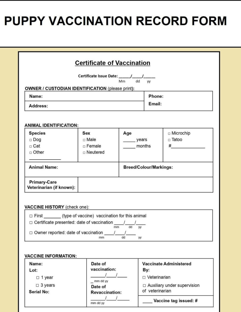 Pet Vaccination Record Template Puppy Vaccination Record Form Dog  - Free Printable Puppy Vaccination Record