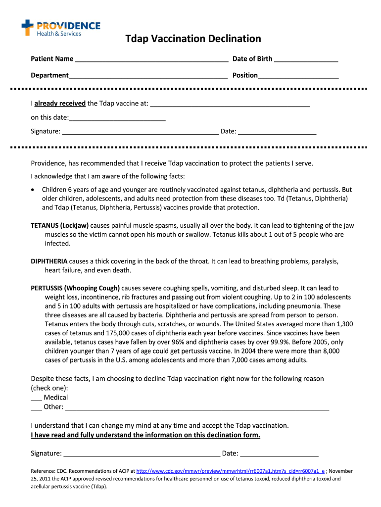 Tdap Declination 2011 2024 Form Fill Out And Sign Printable PDF  - Printable Tdap Vaccine Form