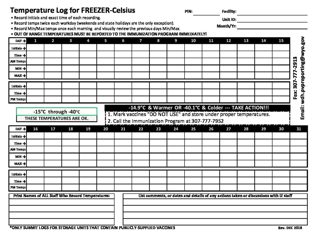 Vaccine Temperature Logs Freezer REV 2021 Wyoming Department Of Health - Printable Vaccine Temperature Log