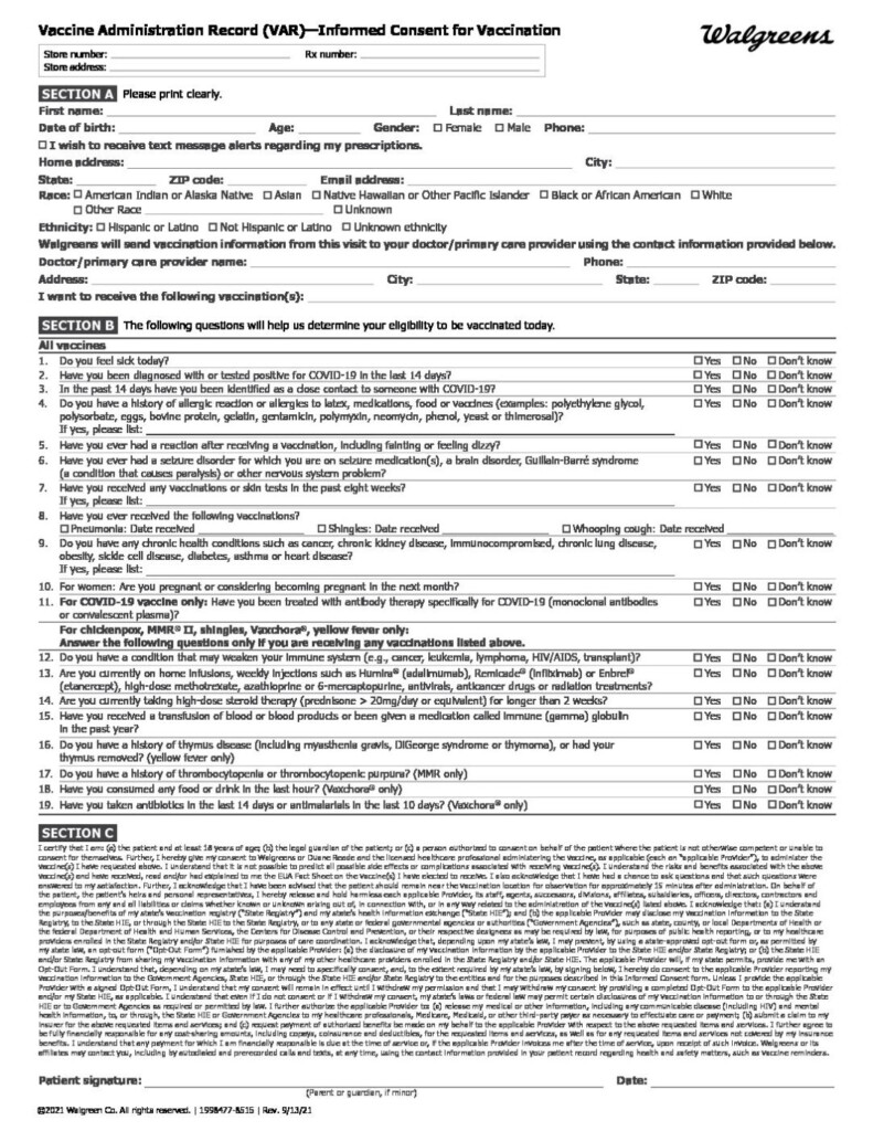 Walgreens Flu Vaccine Consent Form DENNIS GROUP - Walgreens Vaccination Consent Form Printable